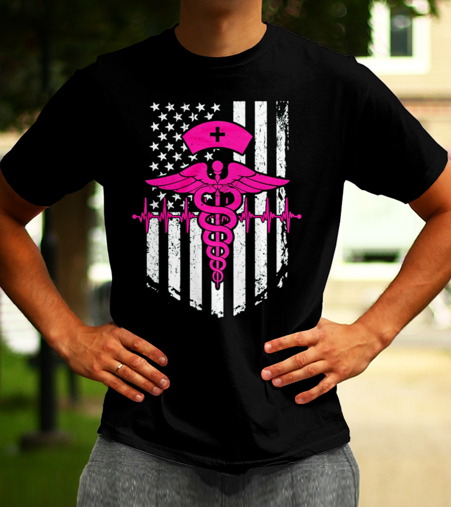 Nurse Pink Caduceus With USA Flag And Heartbeat T-Shirt