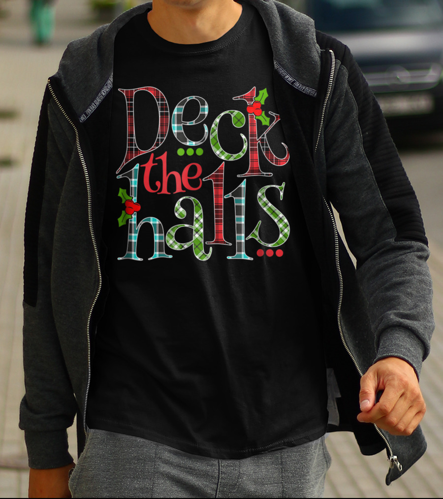 Mens Deck The Halls Holiday Plaid Holly Christmas T-Shirt