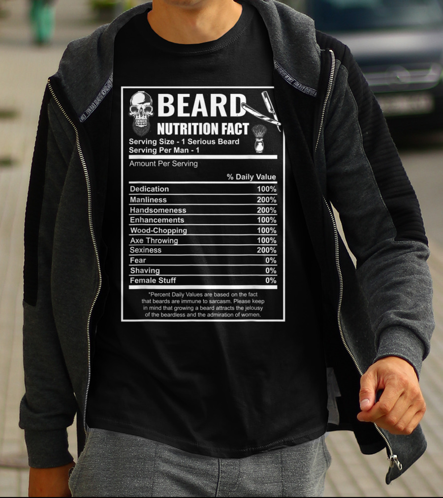 Beard Nutrition Facts Bearded Skull Serving Size Humor Men's Daily Values T-Shirt