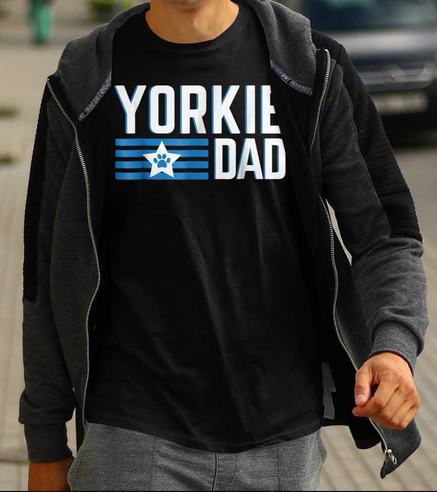 Yorkie Dad Yorkshire Terrier Dad Blue Paw Print Star T-Shirt