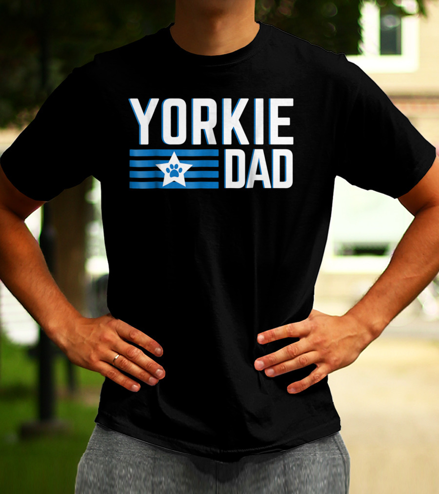 Yorkie Dad Yorkshire Terrier Dad Blue Paw Print Star T-Shirt