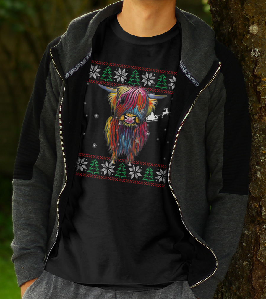 Festive Rainbow Highland Cow With Santa Sleigh And Snowflakes Christmas T-Shirt