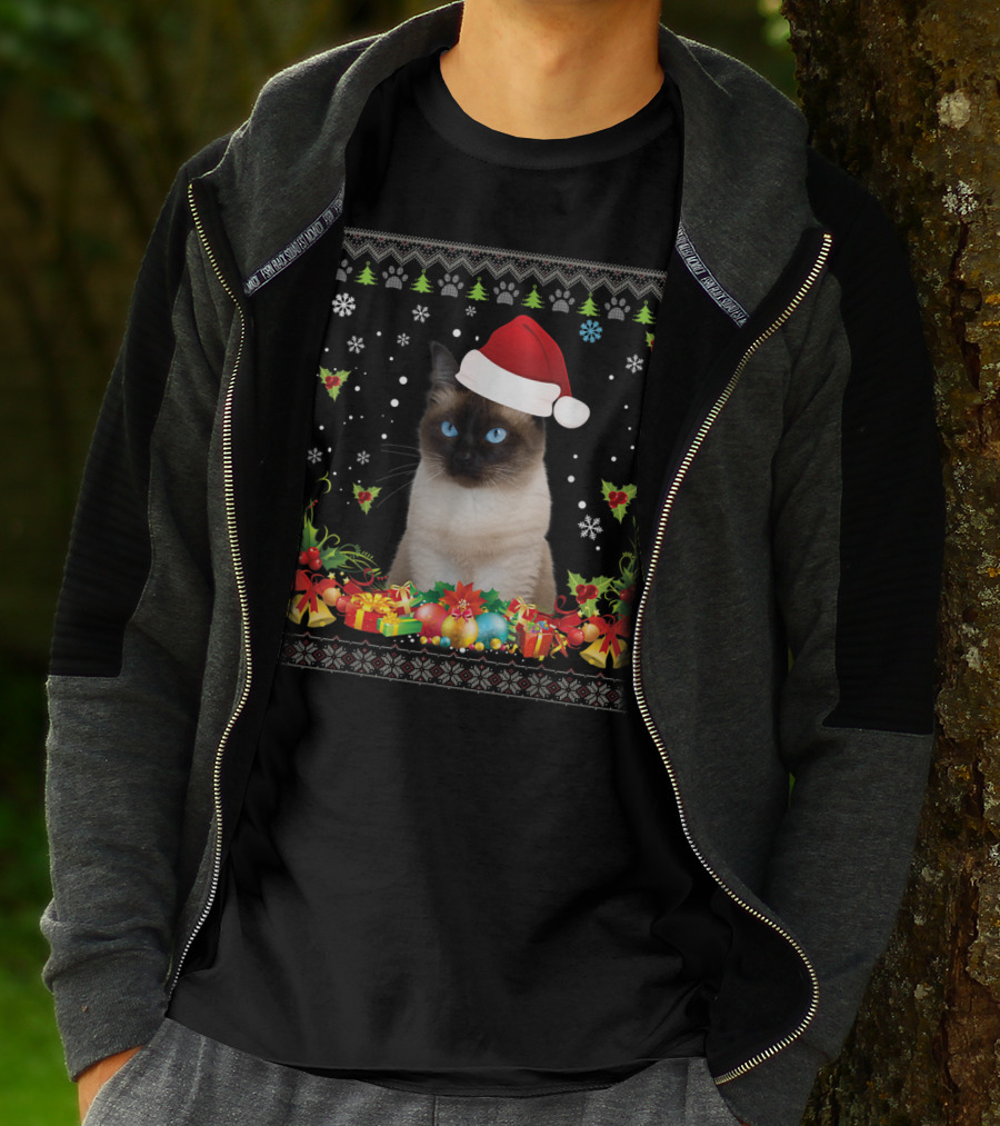 Merry Christmas Siamese Cat UglySweater Santa Hat Snowflake Ornaments T-Shirt
