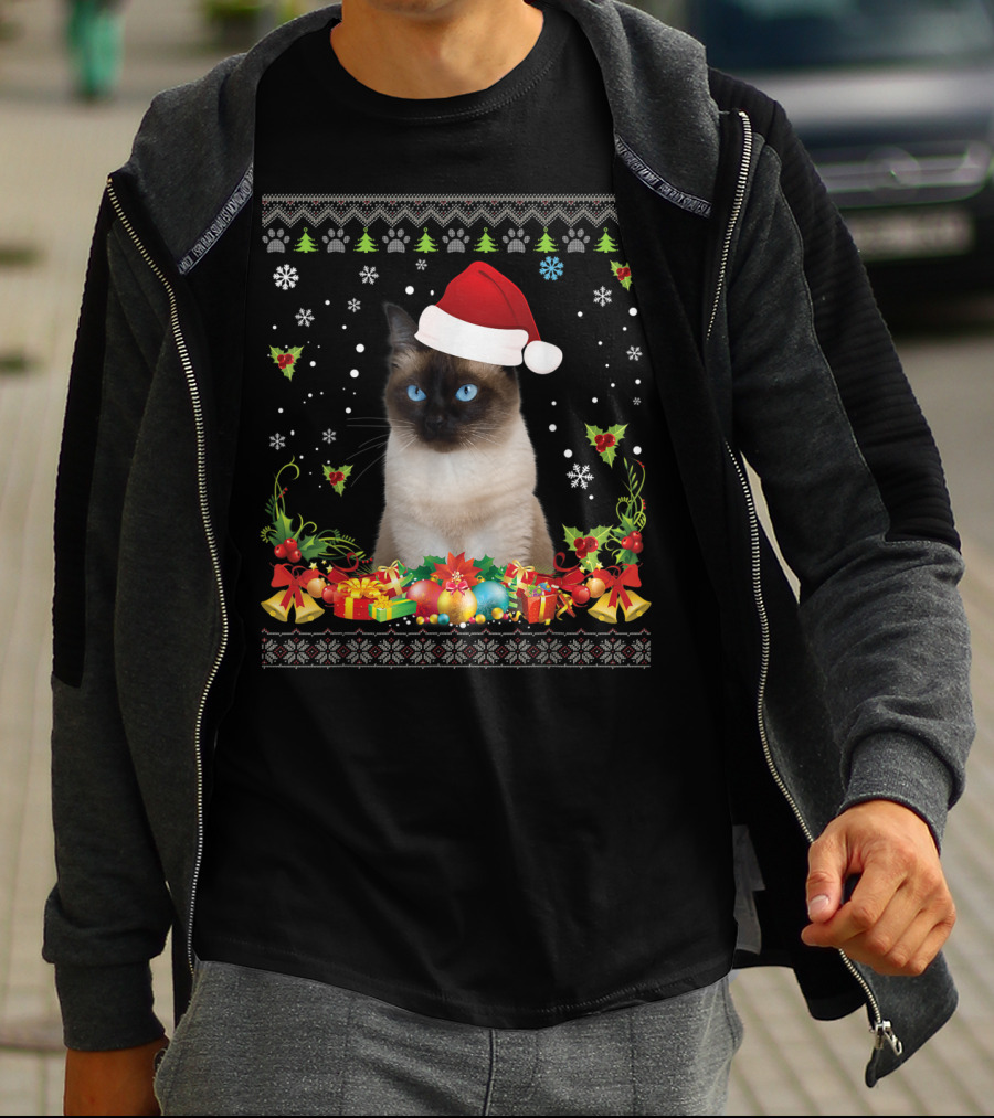Merry Christmas Siamese Cat UglySweater Santa Hat Snowflake Ornaments T-Shirt