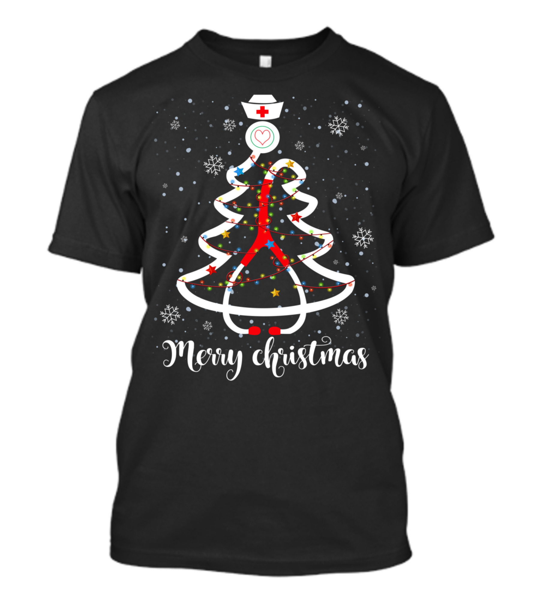 Merry Christmas Nurse Stethoscope Tree With Snowflakes And Stars T-Shirt