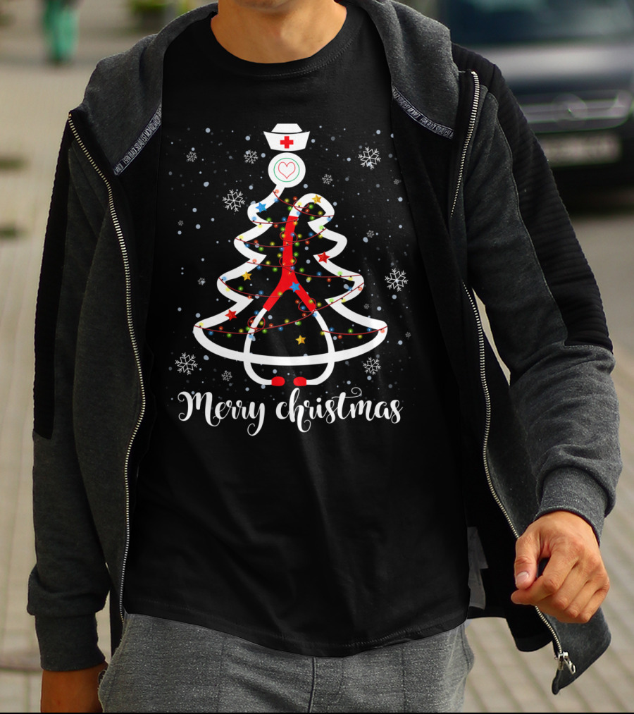 Merry Christmas Nurse Stethoscope Tree With Snowflakes And Stars T-Shirt