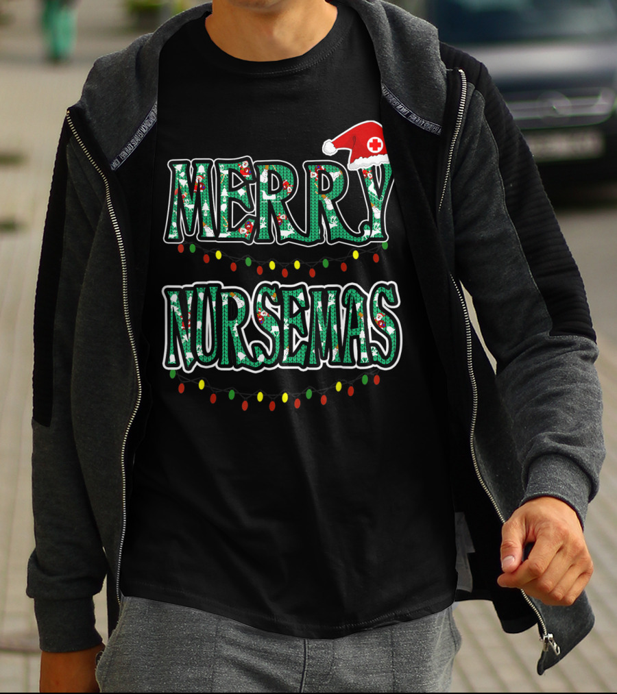 Merry Nursemas Christmas Santa Hat Lights T-Shirt