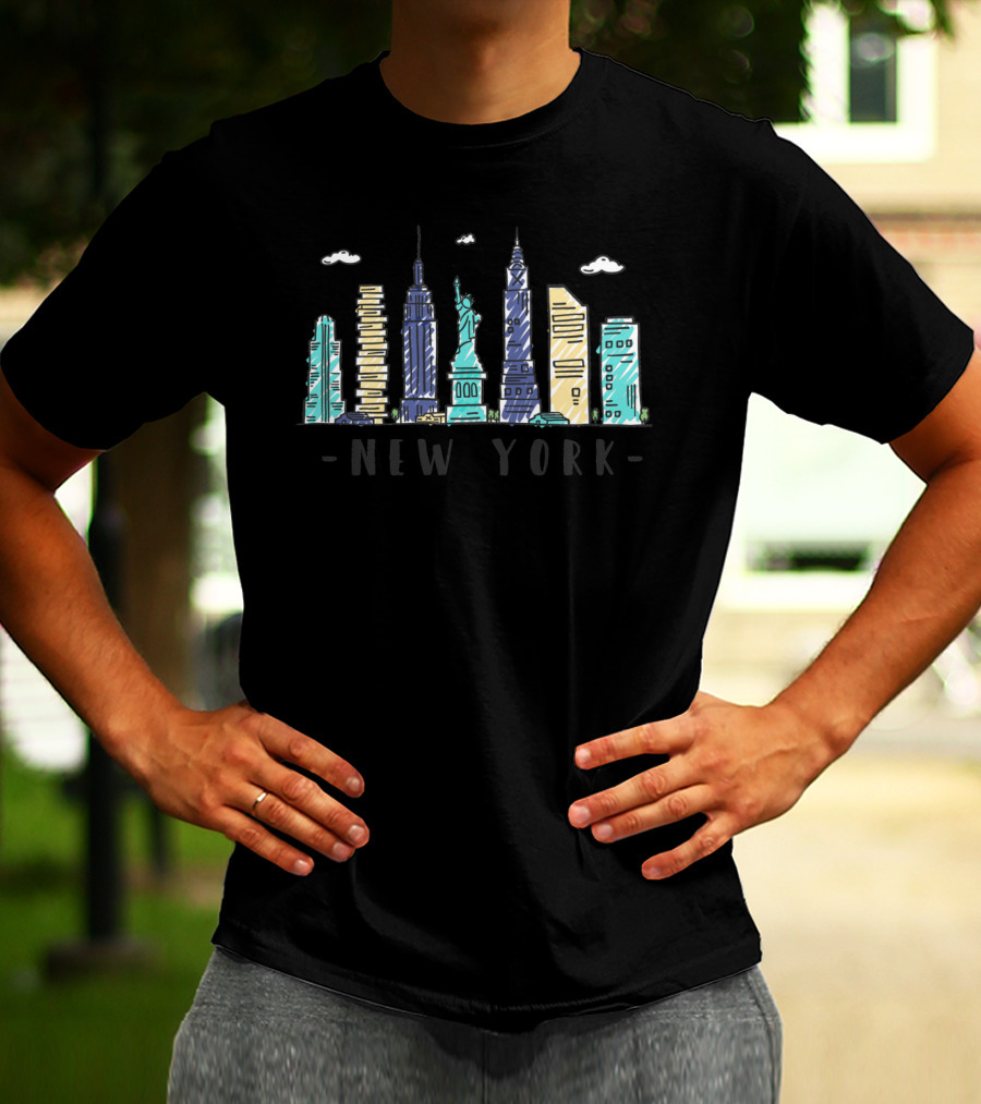 New York Skyline NYC Watercolor Landmarks Statue Of Liberty T-Shirt