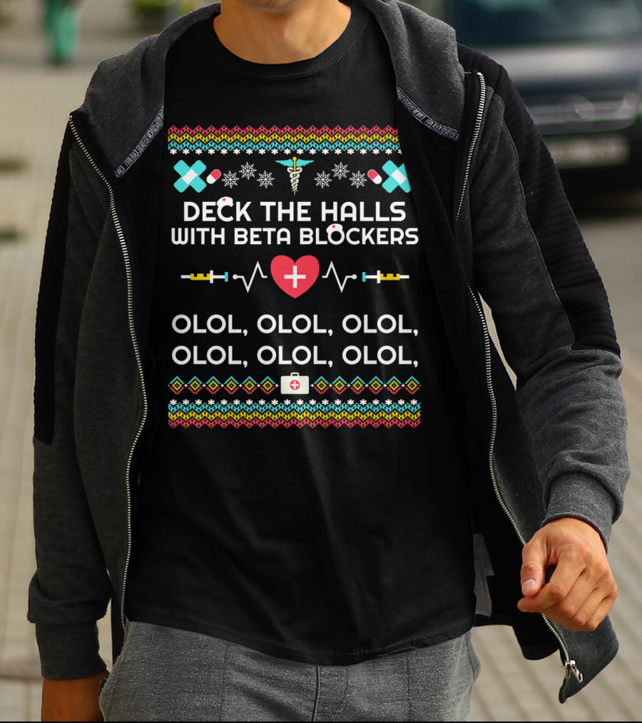 Deck The Halls With Beta Blockers Nurse Christmas Olol Heartbeat Snowflakes T-Shirt