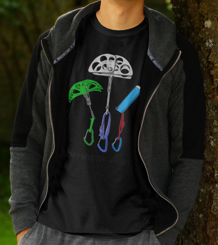 Offwidth Army Rock Climbing Gear Camming Devices And Nuts T-Shirt