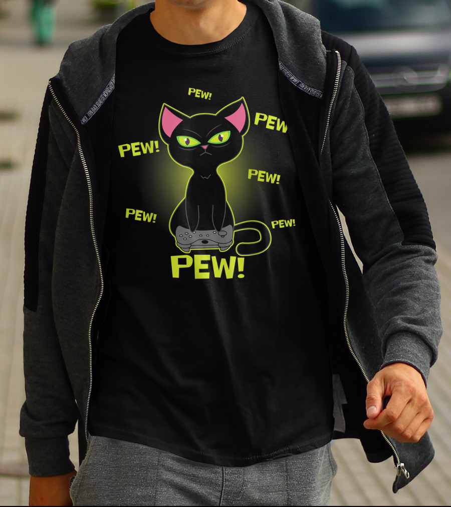 Pew Pew Black Cat Video Game Lovers Funny Cat Gamer T-Shirt