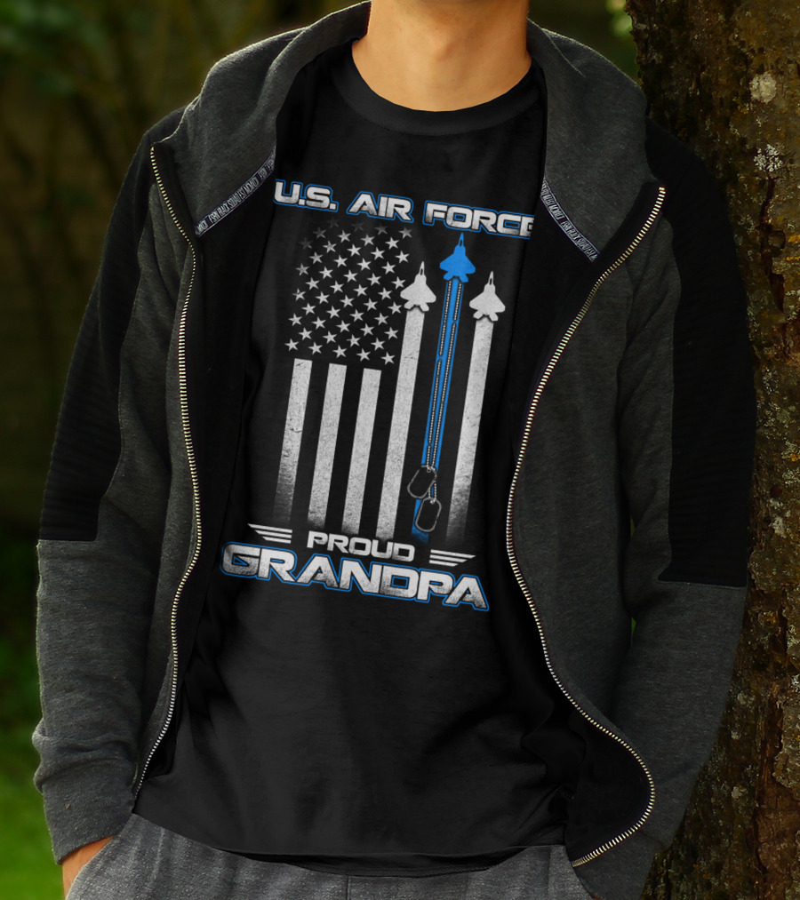 U.S. Air Force Proud Grandpa Flag And Fighter Jets With Dog Tags T-Shirt