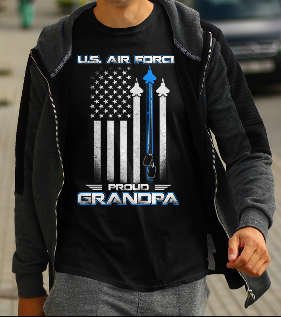 U.S. Air Force Proud Grandpa Flag And Fighter Jets With Dog Tags T-Shirt