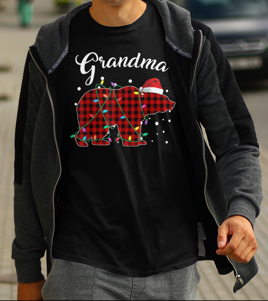 Grandma Bear Red Plaid Buffalo Christmas Lights T-Shirt