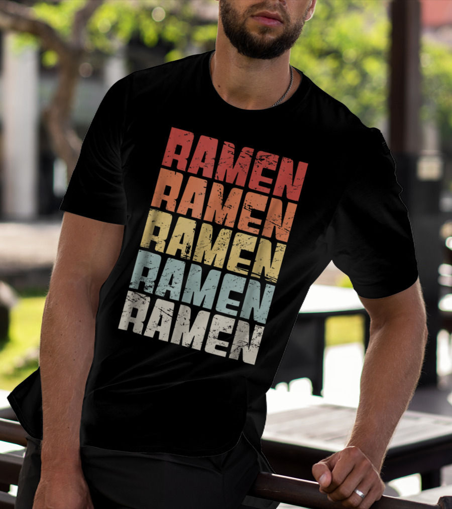 Retro Distressed Multicolor Ramen Repeated Text T-Shirt