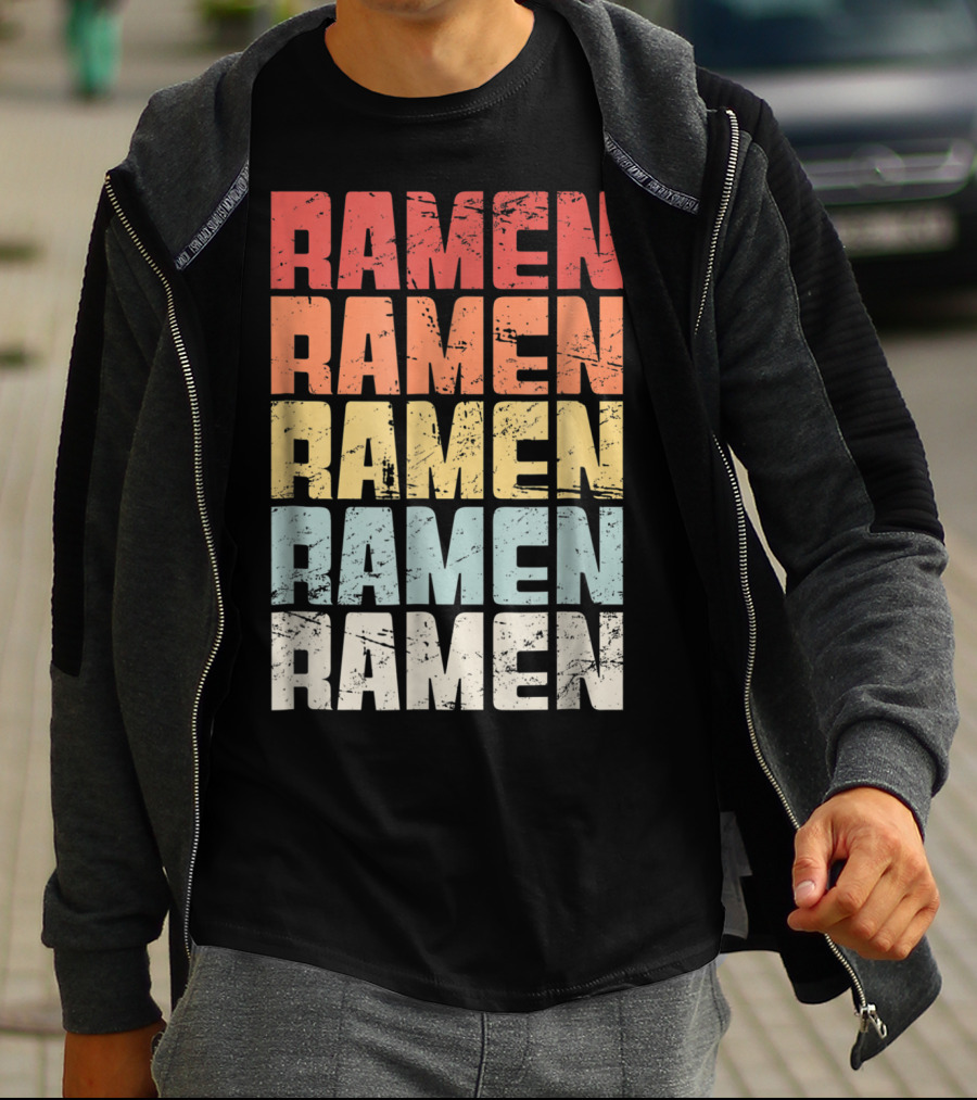 Retro Distressed Multicolor Ramen Repeated Text T-Shirt