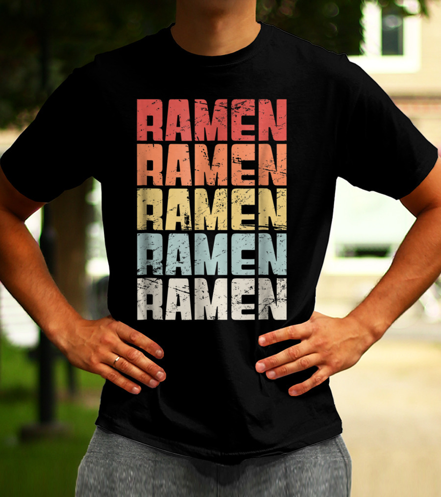 Retro Distressed Multicolor Ramen Repeated Text T-Shirt