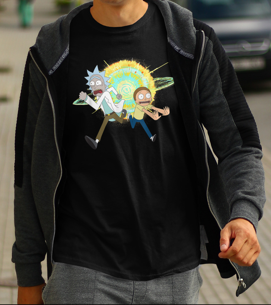 Rick And Morty Running From A Portal Explosion T-Shirt