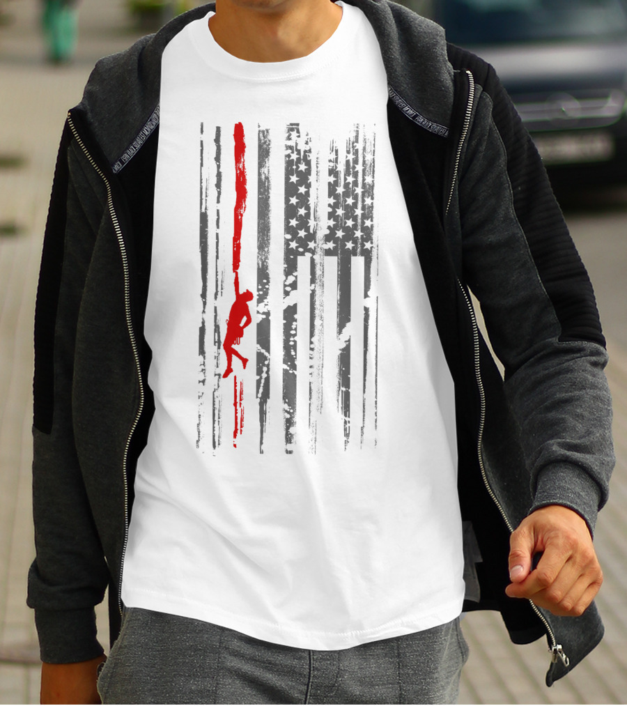 Rock Climbing Silhouette On American Flag Stripes And Stars T-Shirt