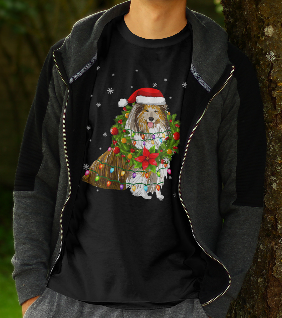 Santa Collie Dog Wrapped In Christmas Lights And Festive Garland T-Shirt