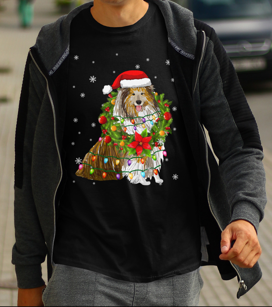 Santa Collie Dog Wrapped In Christmas Lights And Festive Garland T-Shirt
