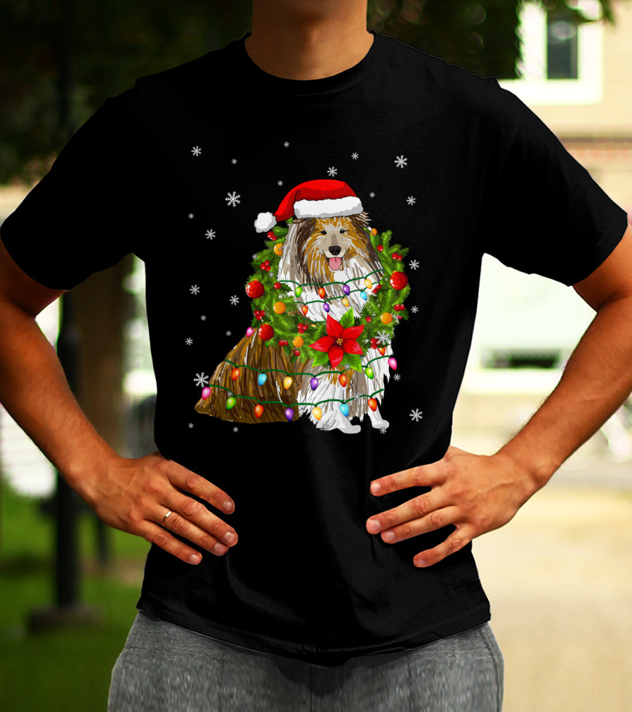 Santa Collie Dog Wrapped In Christmas Lights And Festive Garland T-Shirt