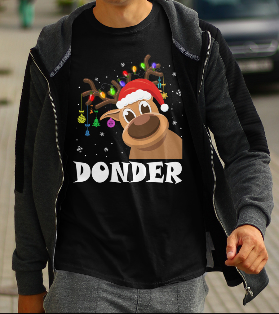 Santa Reindeer Donder Xmas Lights And Ornaments T-Shirt