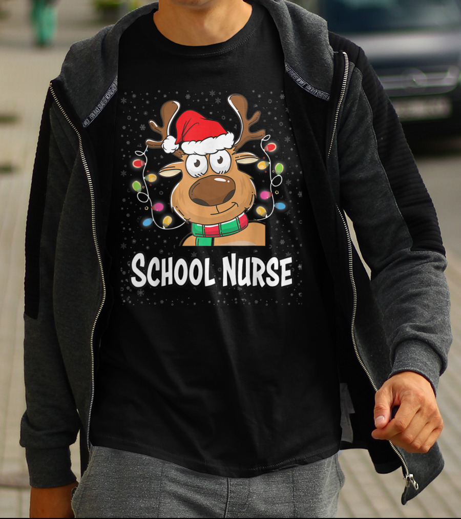 Santa Reindeer School Nurse Festive Christmas Lights T-Shirt