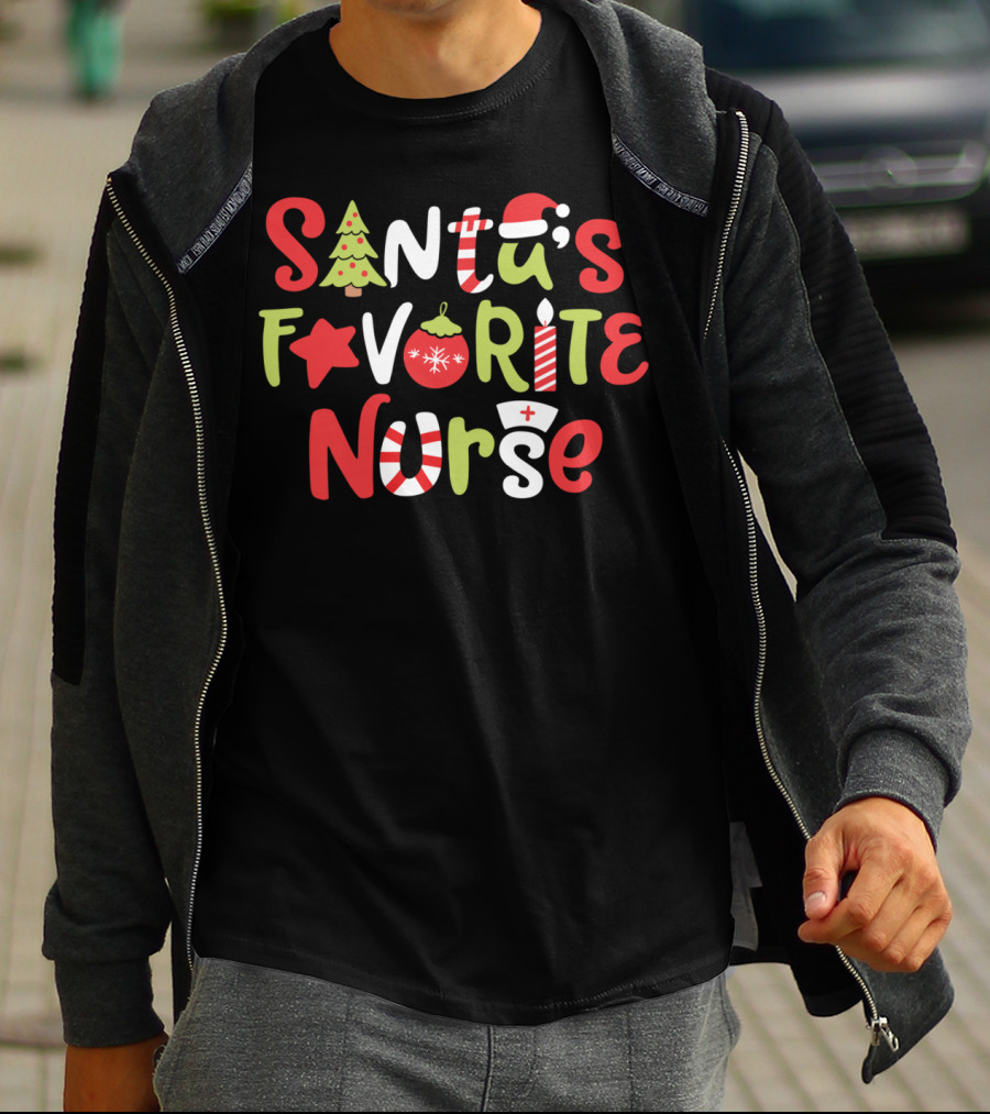 Santa's Favorite Nurse Christmas Tree Ornament Candle Hat T-Shirt