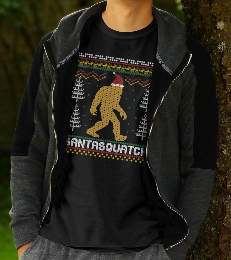 Santasquatch Bigfoot Christmas Sweater Pattern With Santa Hat And Trees T-Shirt