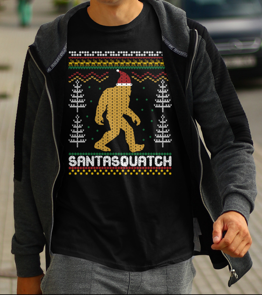 Santasquatch Bigfoot Christmas Sweater Pattern With Santa Hat And Trees T-Shirt