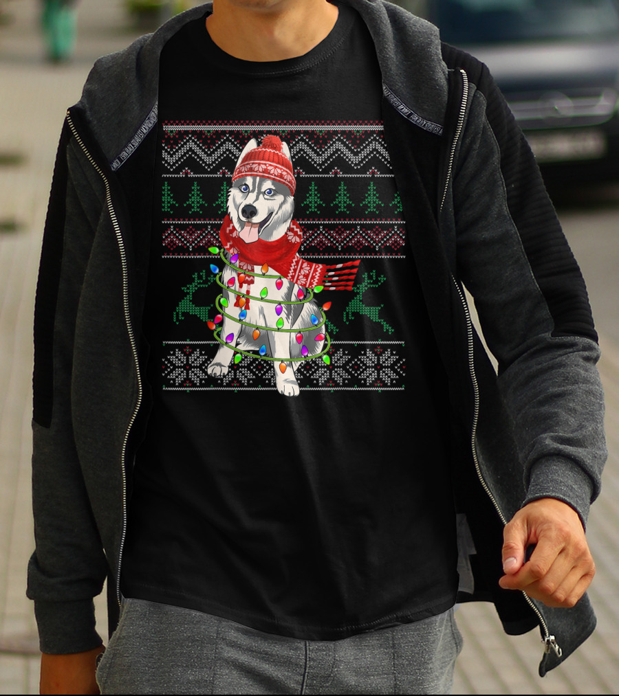 Siberian Husky Christmas Lights Holiday T-Shirt