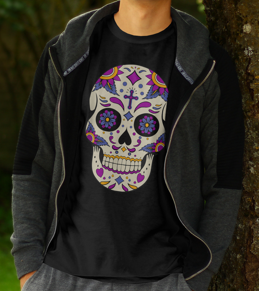 Sugar Skull Day Of The Dead Halloween Dia De Los Muertos Colorful Cross Floral T-Shirt