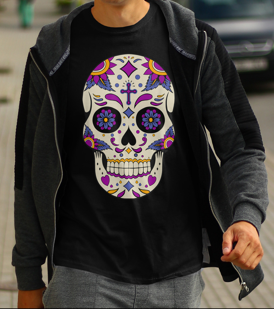 Sugar Skull Day Of The Dead Halloween Dia De Los Muertos Colorful Cross Floral T-Shirt