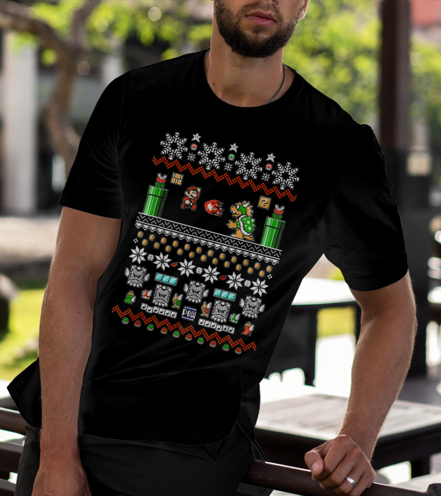 Super Mario And Bowser Pixel Art Holiday Theme With Coin And Mushroom Elements T-Shirt