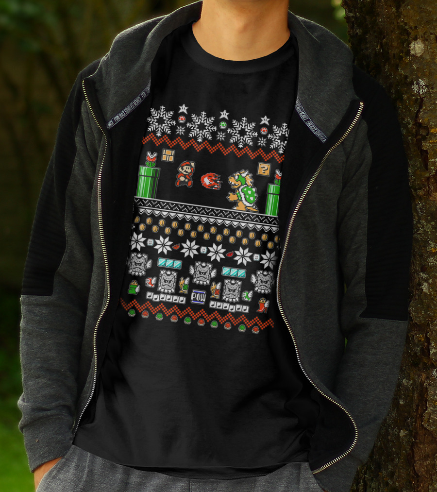 Super Mario And Bowser Pixel Art Holiday Theme With Coin And Mushroom Elements T-Shirt