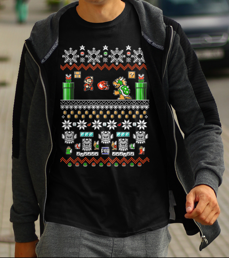 Super Mario And Bowser Pixel Art Holiday Theme With Coin And Mushroom Elements T-Shirt
