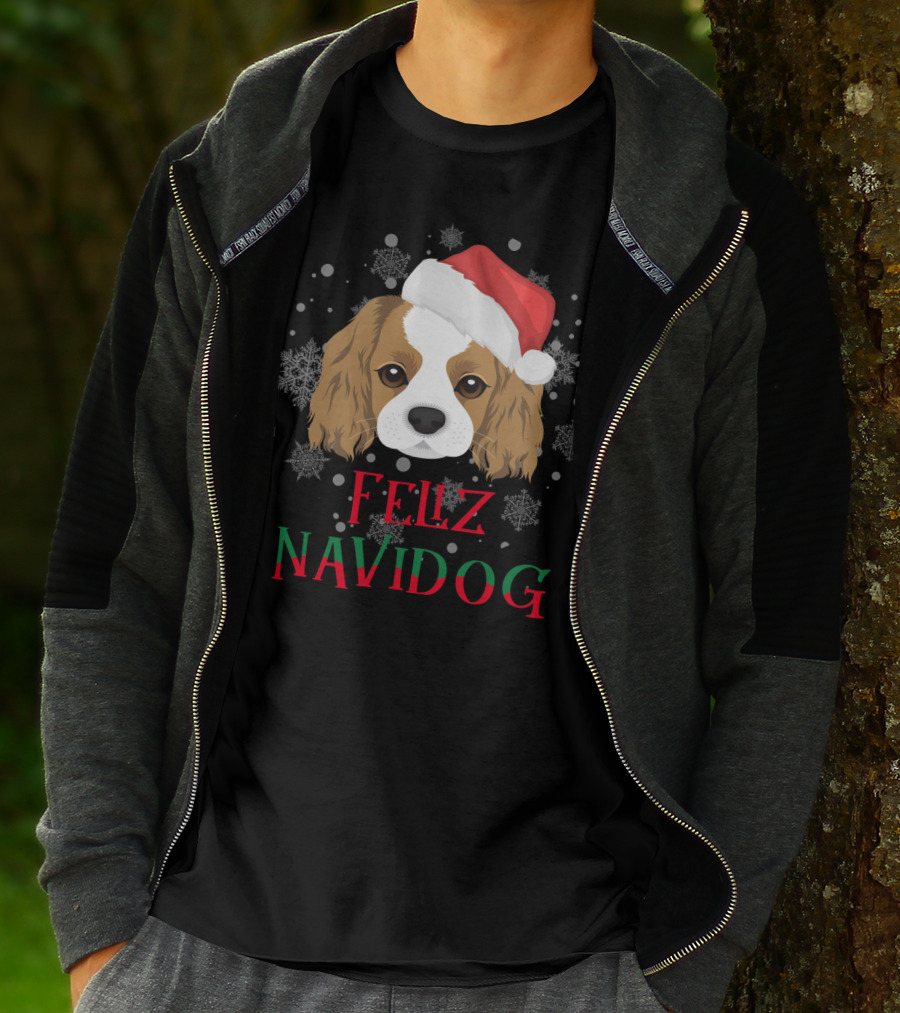 Feliz Navidog Charles Spaniel Santa Hat Snowflakes T-Shirt