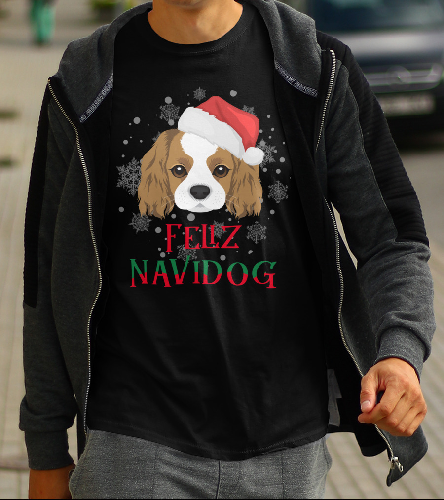 Feliz Navidog Charles Spaniel Santa Hat Snowflakes T-Shirt