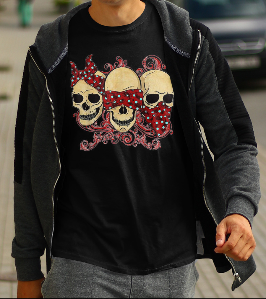 Tattoo Skull See No Evil Hear No Evil Speak No Evil Skulls With Polka Dot Bandanas T-Shirt