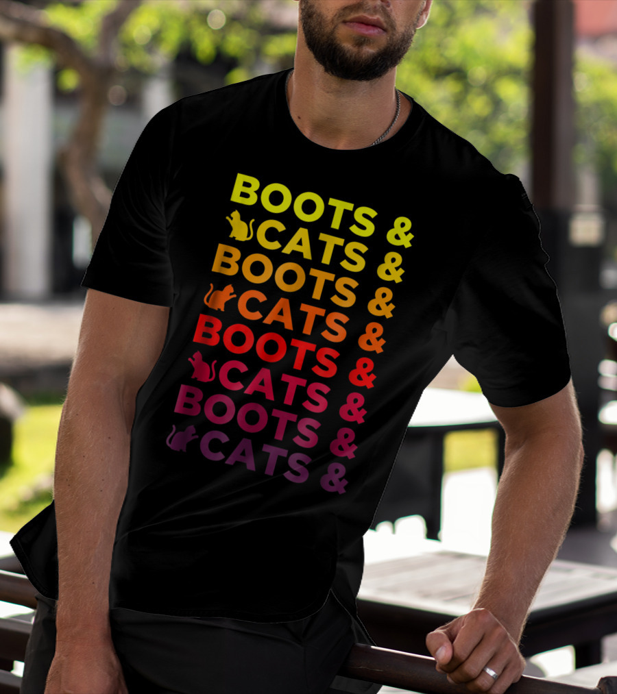Boots And Cats EDM Rave Festival Funny Repeating Text And Cat T-Shirt