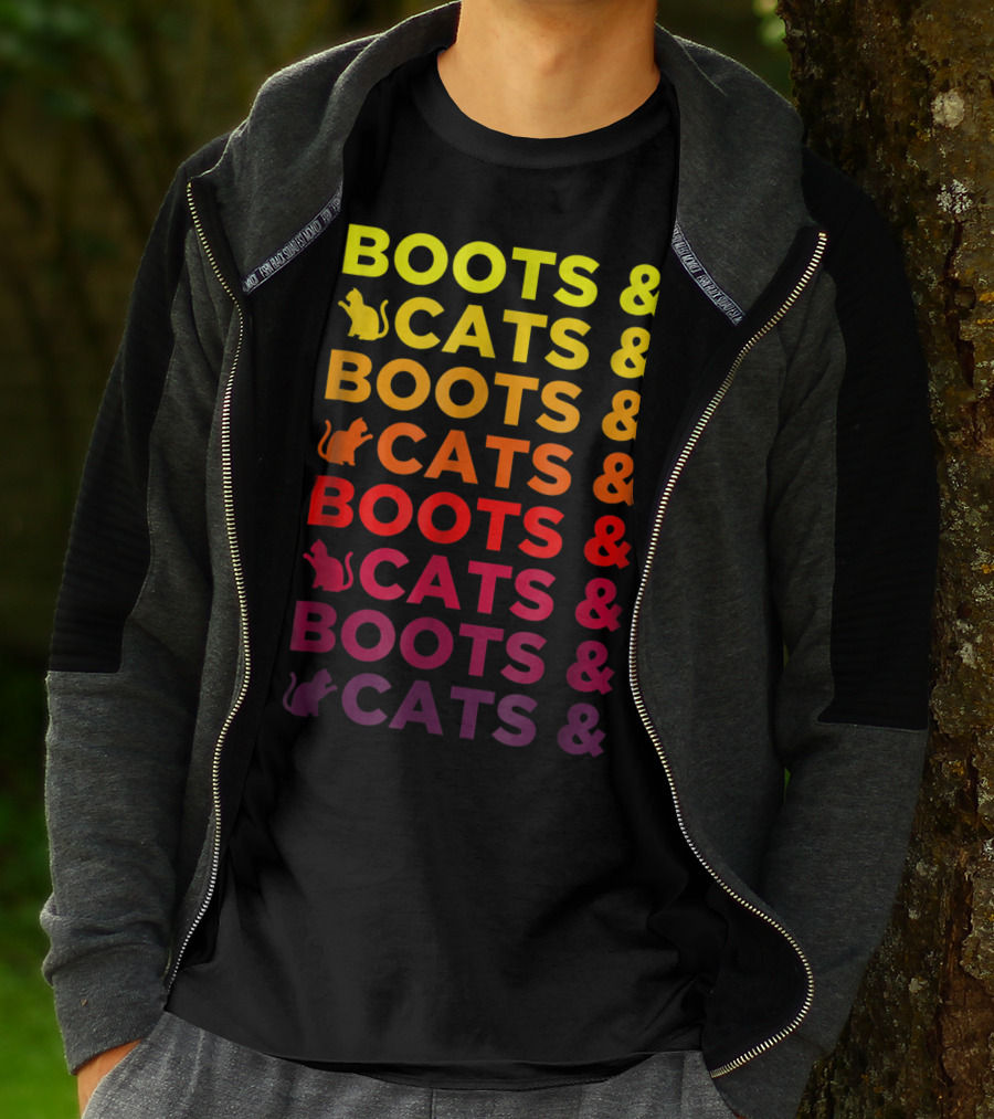 Boots And Cats EDM Rave Festival Funny Repeating Text And Cat T-Shirt