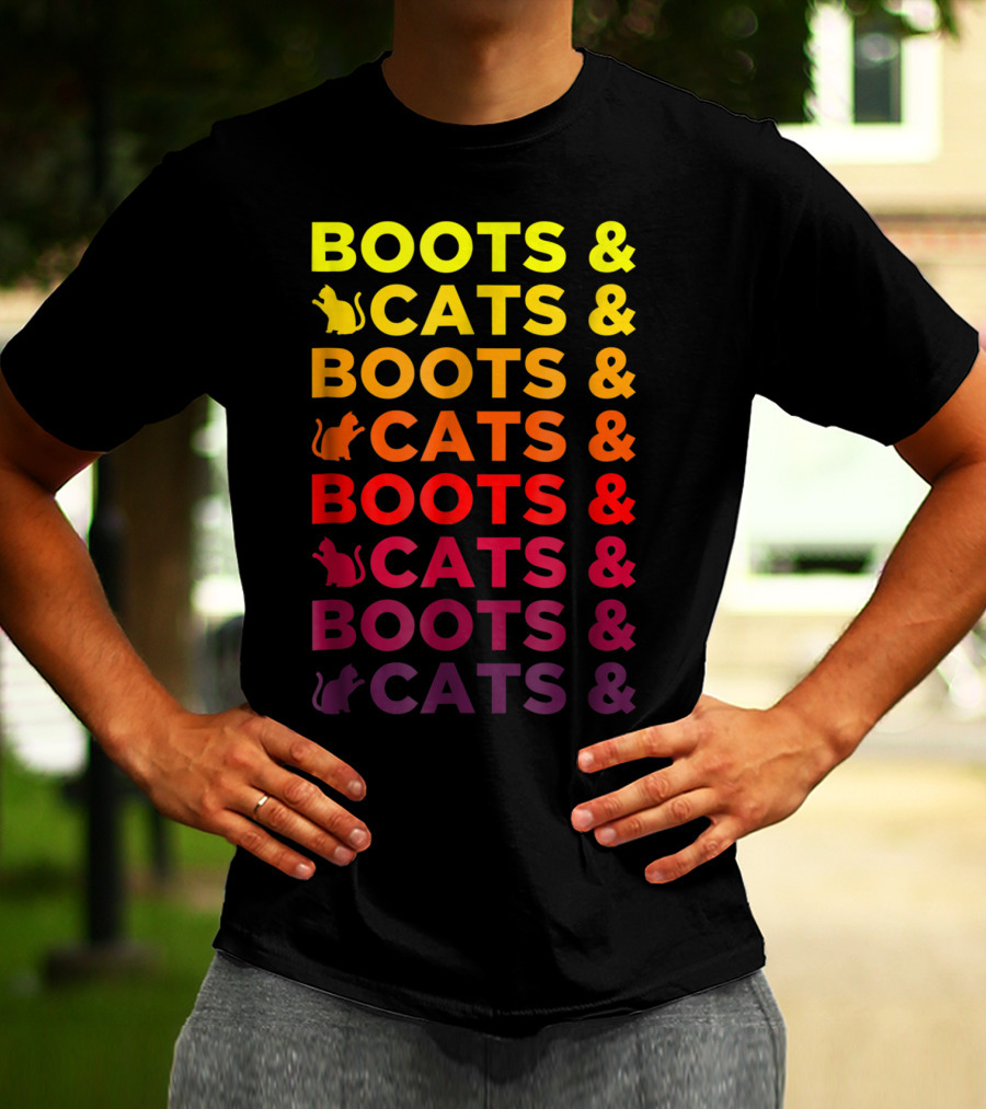 Boots And Cats EDM Rave Festival Funny Repeating Text And Cat T-Shirt