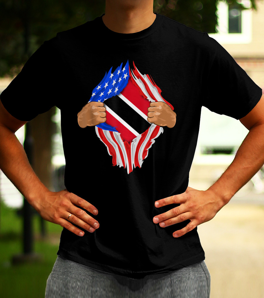 American And Trinidad And Tobago Flag Ripped Open T-Shirt