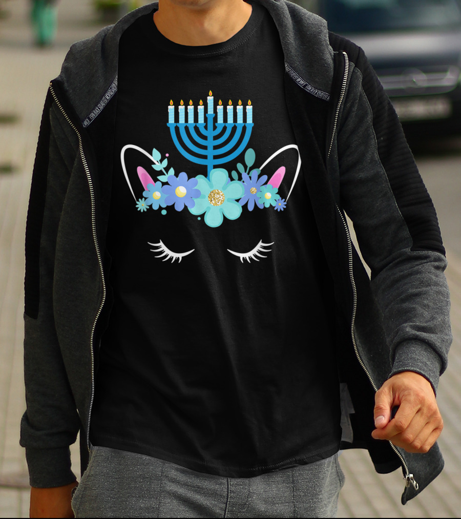 Unicorn Face Hanukkah Menorah Floral Ears Girls T-Shirt