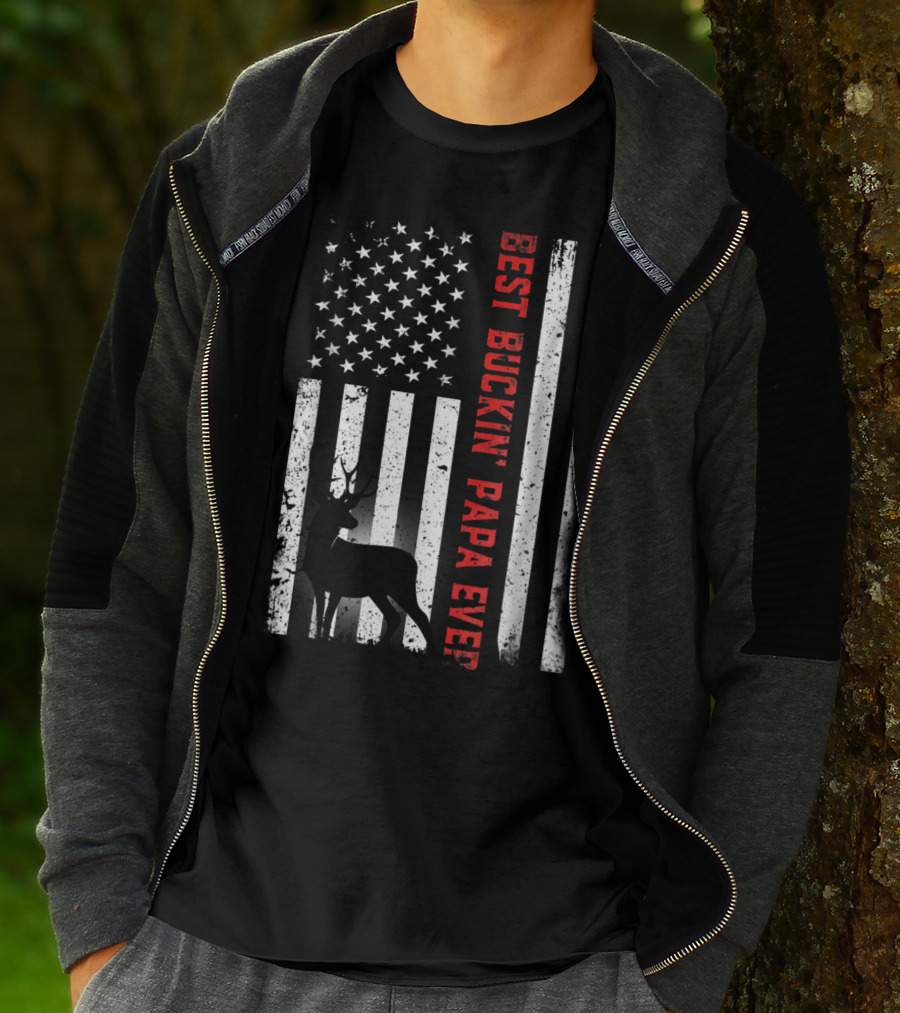 Best Buckin' Papa Ever USA Flag Deer Hunting T-Shirt