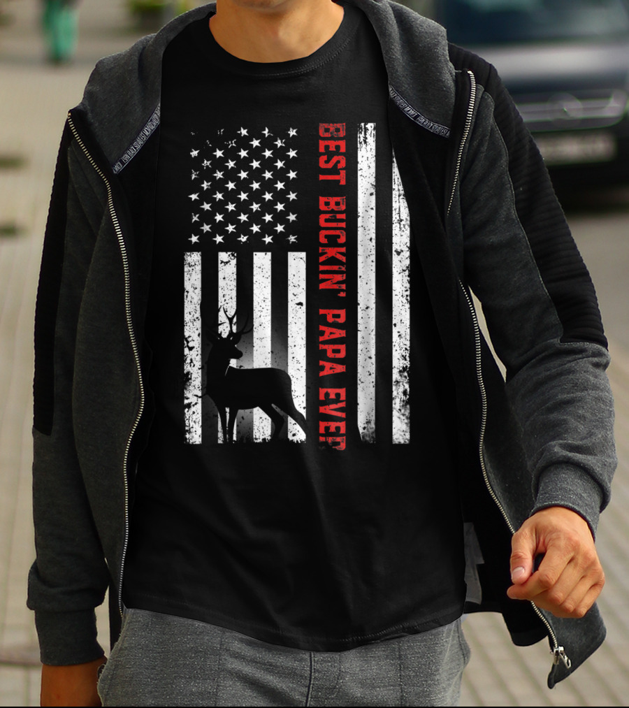 Best Buckin' Papa Ever USA Flag Deer Hunting T-Shirt