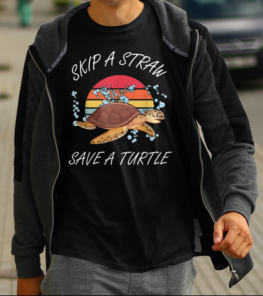 Skip A Straw Save A Turtle Vintage Sunset Turtle Ocean Conservation T-Shirt
