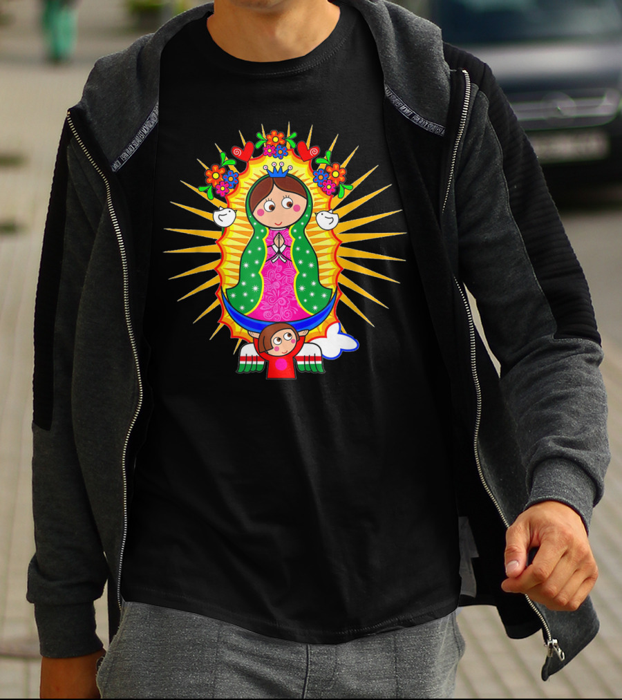 Virgen De Guadalupe Cartoon Mexican Folk Art Angel Children Flowers Sacred Image T-Shirt