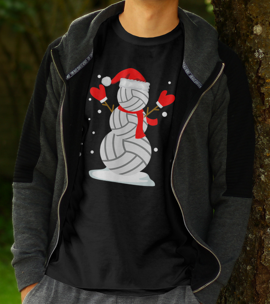 Volleyball Snowman With Santa Hat And Red Mittens T-Shirt